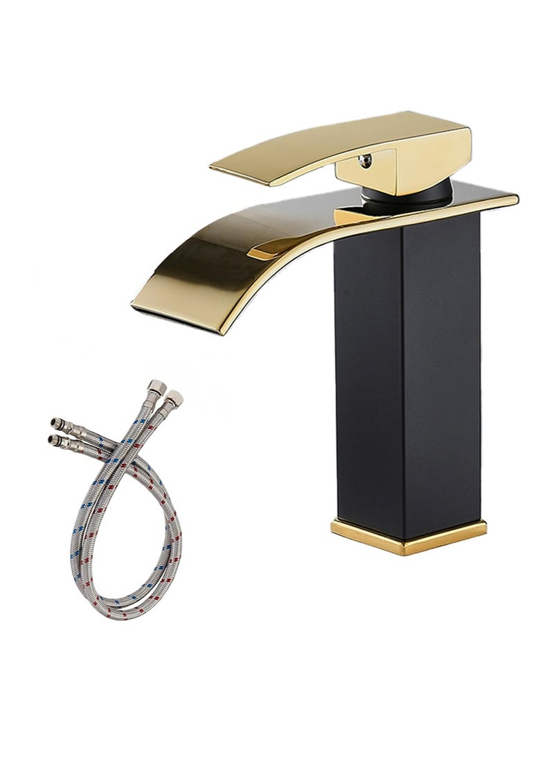 HaLunhi Stainless Steel Bathroom Faucets, Waterfall-Style Bathroom Sink Faucets, Hot and Cold Water Mixing Faucets, Countertop-Mounted Modern Single-hole Bathroom Sink Faucets（Black Gold） - Image 1